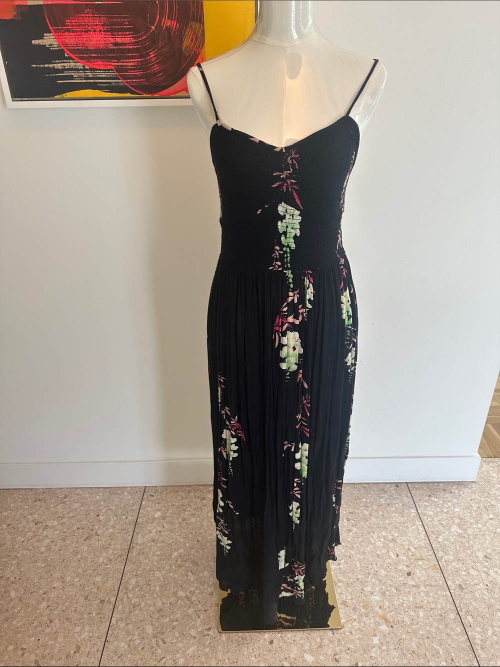Free People Black Floral Smocked Maxi Dress with Spaghetti Straps - Picture 7 of 11